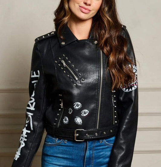 Black graphic moto jacket