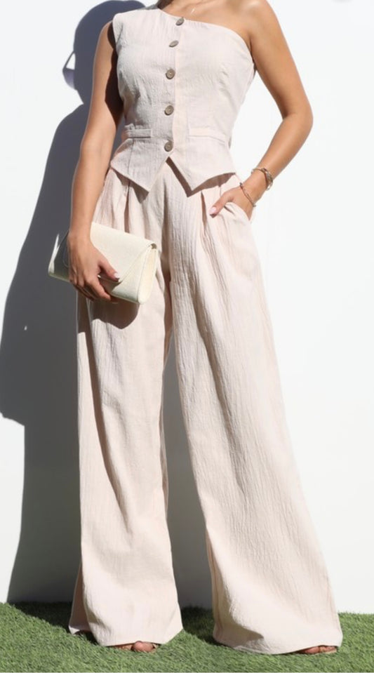 Beige one shoulder pant set